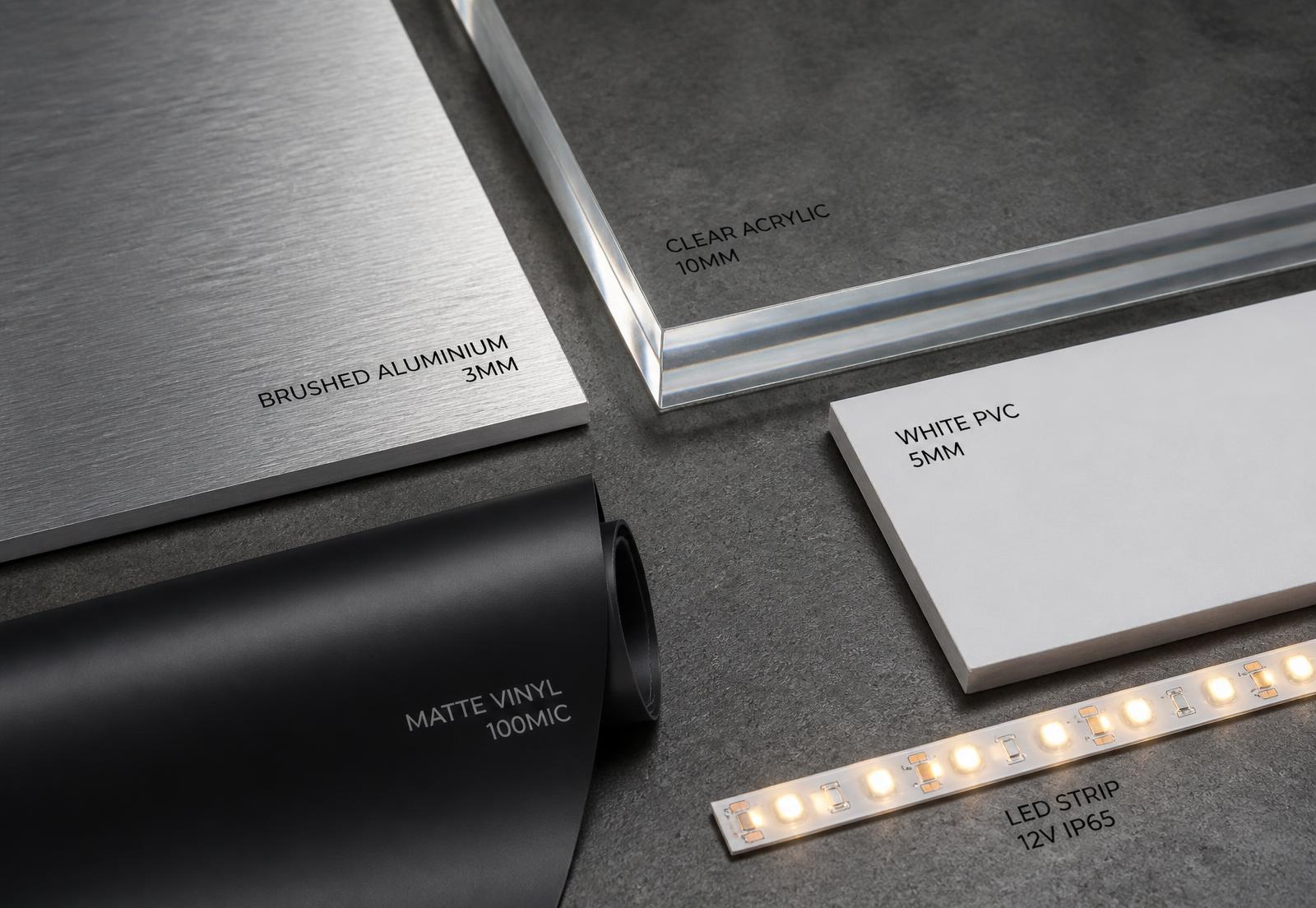 Muestras de aluminio, acrílico, PVC, vinilo y perfil LED sobre superficie de hormigón